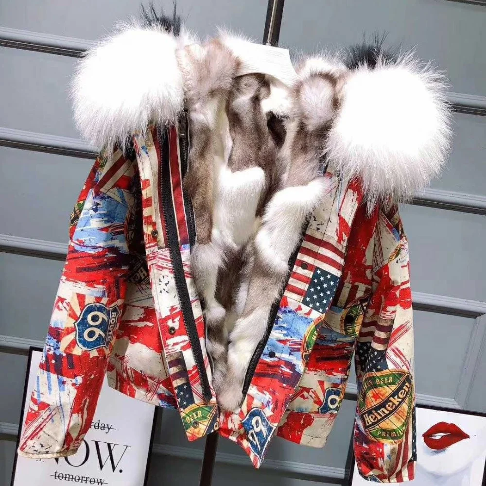 

woman coats Real winter Fur 2023 New Thicken Warm abstract print jacket real fox fur inner large fur collar parkas for women