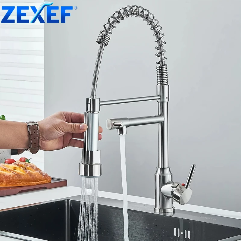 

ZEXEF Kitchen Sink Faucet Pull Down Hot and Cold Water Mixer2 Mode Tap with Dual Spout 360 Rotation Flexible Deck Mounted