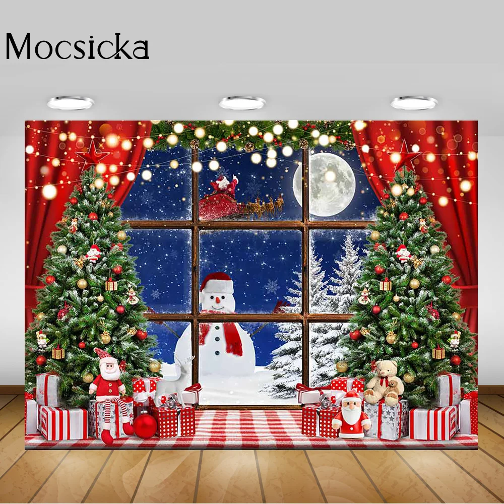 Winter Snowman Christmas Photography Backdrop Santa Claus Window Xmas Tree Gift Decor Photo Props Kid Family Portrait Background