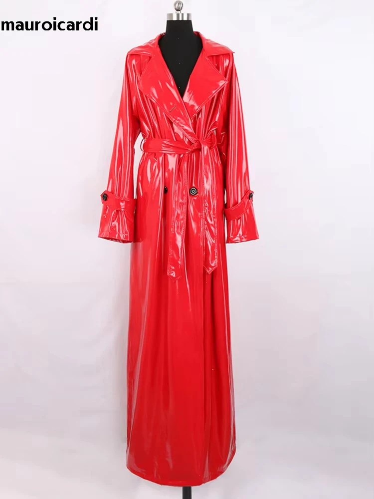 Mauroicardi Spring Autumn Extra Long Soft Red Reflective Shiny Patent Leather Coat Women Double Breasted Maxi European Fashion