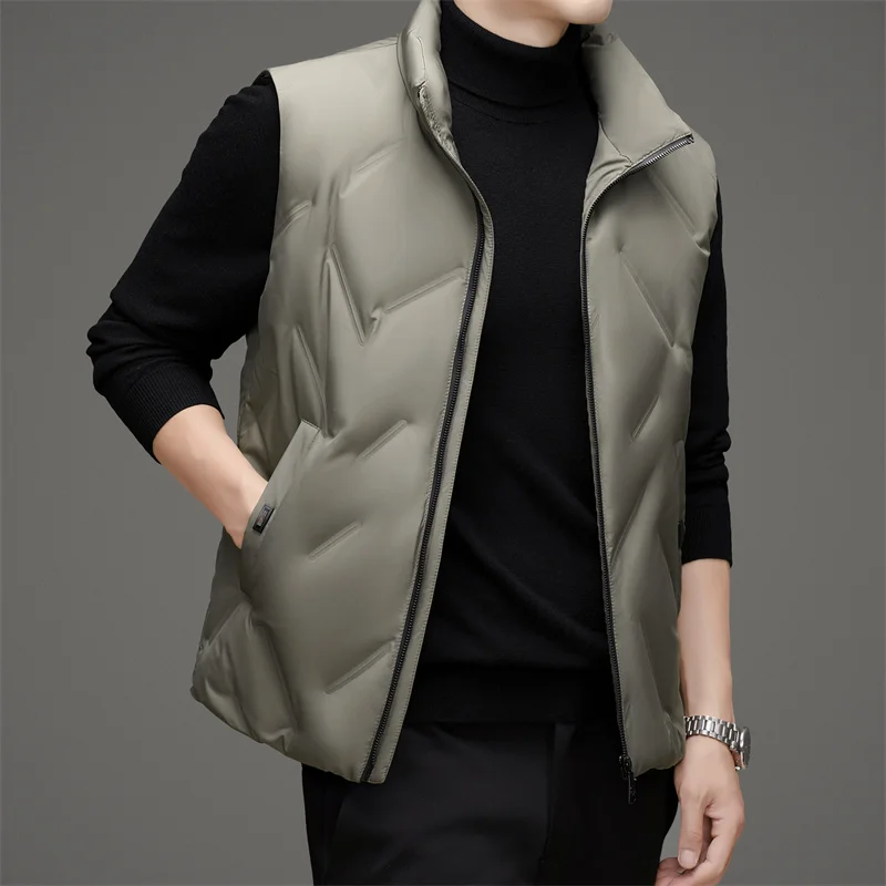 

Winter Men White Duck Down Puffer Vest Black Gray Sleeveless Coat Stand Collar Zipper Front Design Basic Waistcoat Thermal Wear