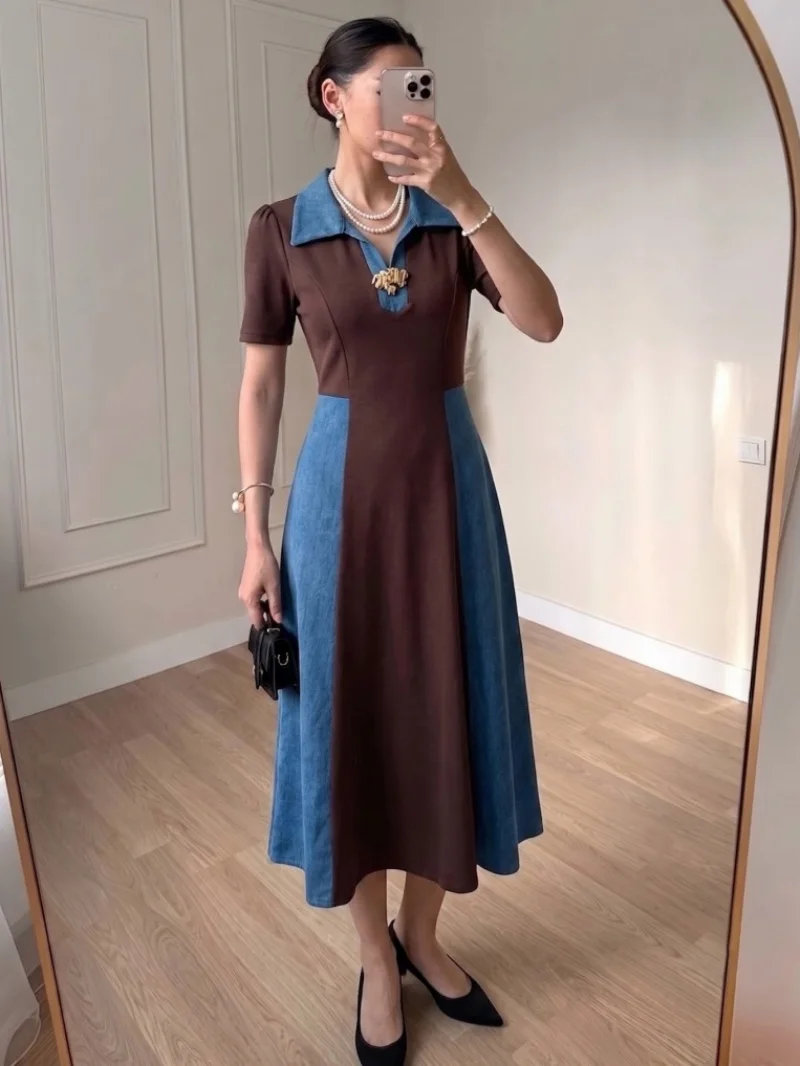 Fashion Colorblock A-Line Dress Summer Clothing Women 2026 Short Sleeve Polo-Neck Maxi Long Dresses Casual Loose Dress Vestidos