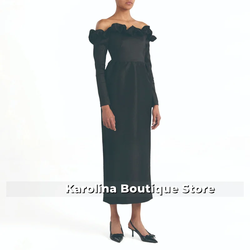 Robe de soirée en Satin noir à volants, épaules dénudées, colonne, manches longues, longueur thé, pour femmes, 2025