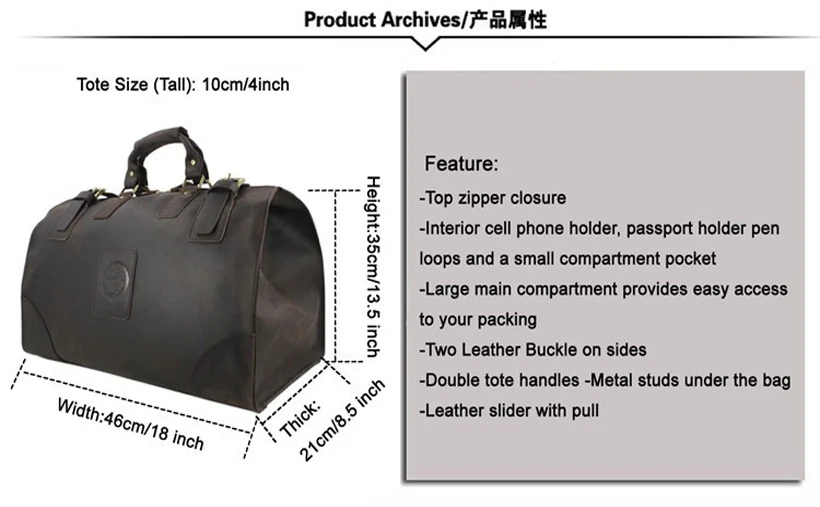 MUNUKI Vintage Crazy Horse Genuine Leather Travel bag  men Luggage Bag Leather duffle bag Large Weekend Bag Tote Big M051