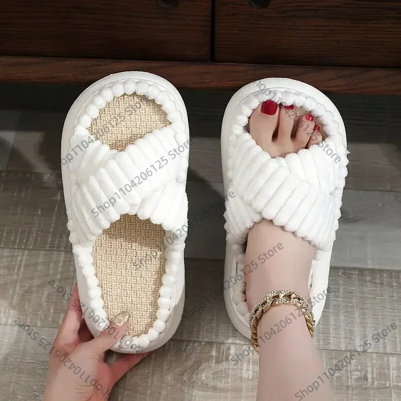 

Women Spring Autumn Home Slippers Open-Toe Cross Band Linen Soled Indoor Slides Linen Soled Non-Slip Bathroom Slippers 슬리퍼 スリッパ