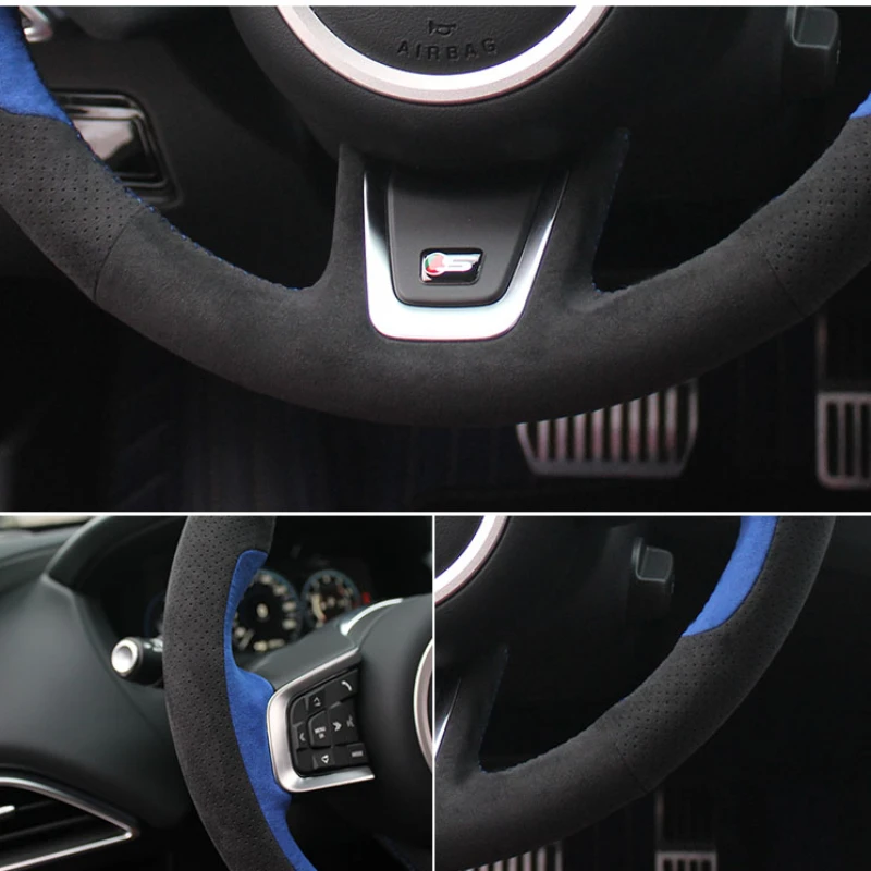 Hand-stitched Non-slip Black Blue suede Car Steering Wheel Cover For Jaguar XFL XE XJL F-PACE XKR