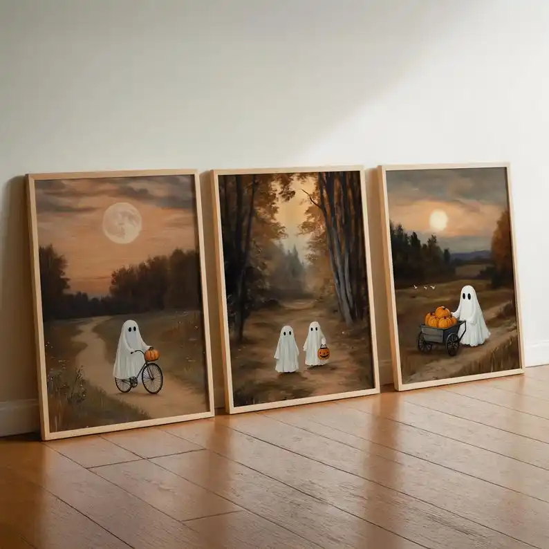 Impressions sur toile d'automne de citrouilles et de fantômes mignons, affiches d'art murales d'amour fantôme de Couple d'halloween pour salon moderne et décoration de maison