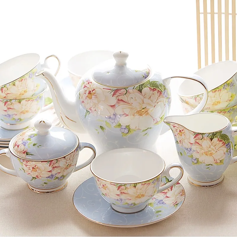 Bone China Coffee Cup Set European Afternoon Tea Set 15-head Coffee Set English Tea Set Ceramic Flower Tea Belt Rack