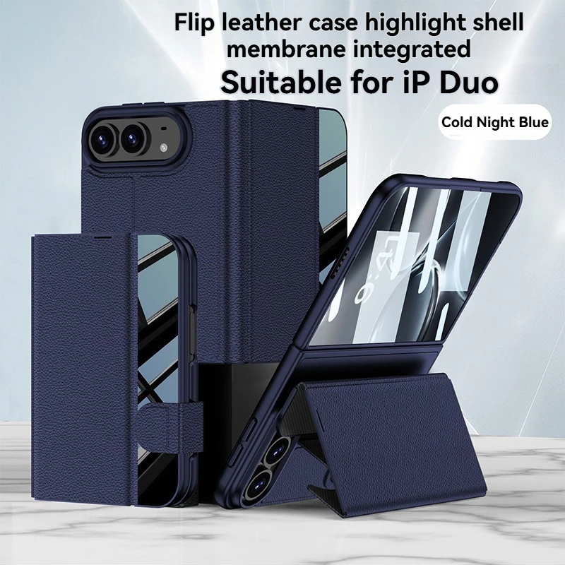 Luxury Frosted Leather Bracket Case with HD Glass Screen Protector All-in-one Protection Fit Cover for iPhone Duo