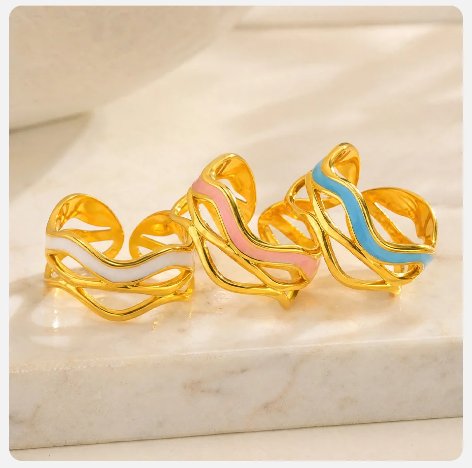 Vnox 18K PVD vergoldete gewellte Öltropfen-Offenringe für Damen, geometrischer, unregelmäßiger Emaille-Ring aus Edelstahl, eleganter Schmuck – Detail 6