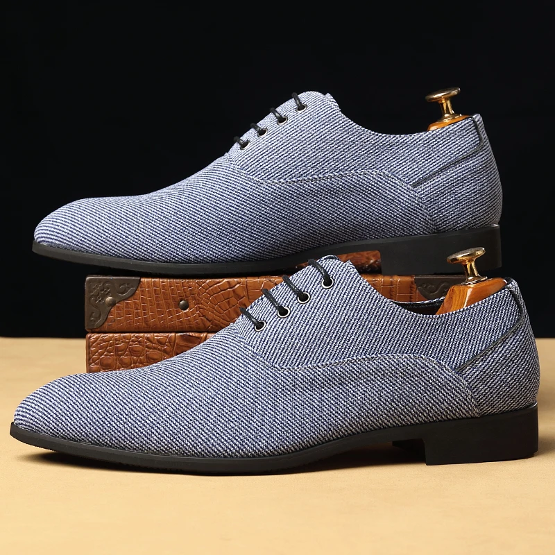 New Men Dress Shoes Lace-up Round Toe Oxfords Blue Gray Business Handmade Wedding Shoes Size 38-48 Mens Shoes