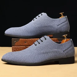 New Men Dress Shoes Lace-up Round Toe Oxfords Blue Gray Business Handmade Wedding Shoes  Size 38-48 Mens Shoes