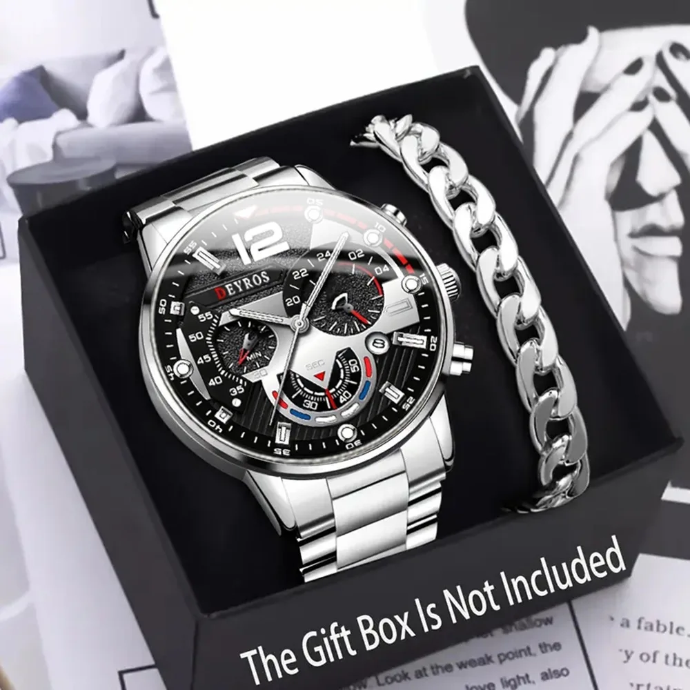 

2 шт. Роскошные модные мужские часы из аналогового сплава Мужские часы Повседневные мужские кварцевые наручные часы Браслет Ожерелье Комплект ювелирных изделий Хороший подарок