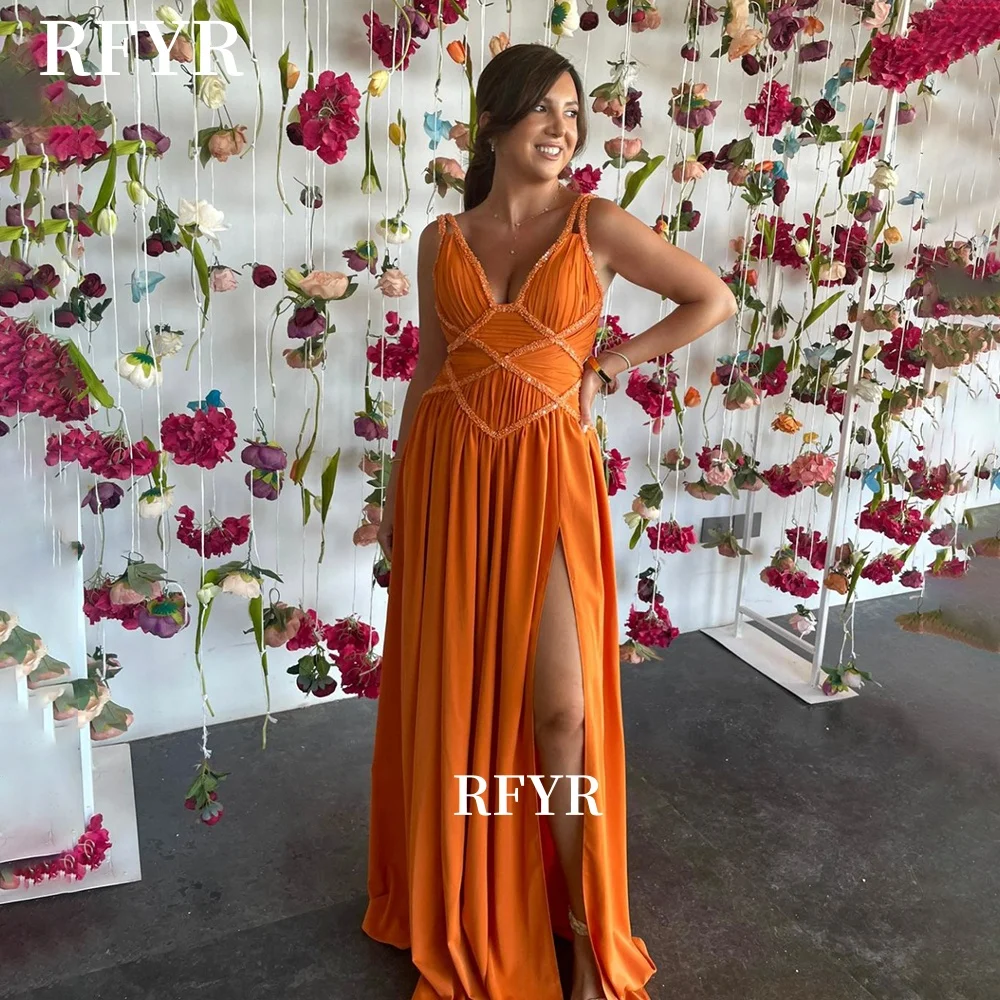 

RFYR Pleated Prom Dress Sexy V Neck Princess Dress Beading High Slit Luxury Elegant Party Dress for Arabic Women Customized