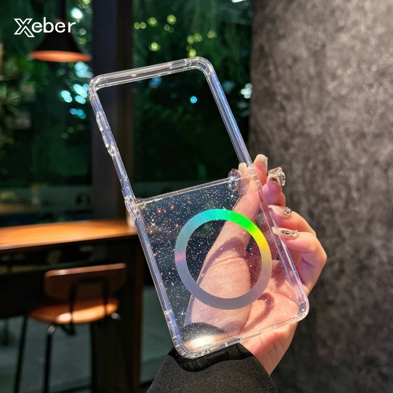 Für Samsung Galaxy Z Flip 7, 6, 5, 4, 3, glitzernde Sterne, magnetische Hülle, transparent, für Magasfe Wireless Charging, stoßfeste Rückseite