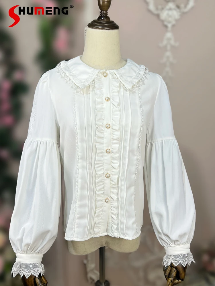 

Lolita Original Peter Pan Collar Beige Shirts Woman 2023 Autumn New Sweet Japanese Long Lantern Sleeve Inner Wear Top for Women