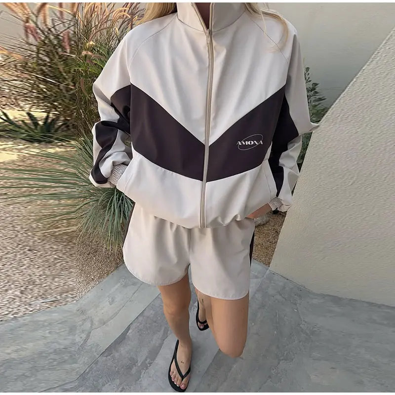Farbblock-Zweiteiler mit Reißverschluss, Langarm-Stehkragenjacke, Sportshorts mit elastischem Bund, Damen 2026 Sommer Casual Chic Sets – Detail 11