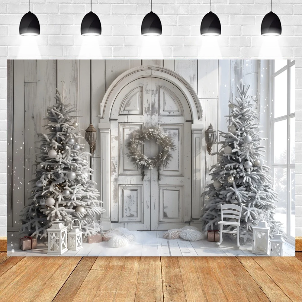 Whiter Christmas Backdrop Photography Indoor Wooden Board Xmas Tree Kids Family Portrait Photographic Background Photo Studio