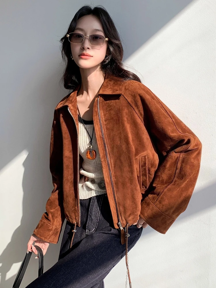 Giacche vintage in vera pelle scamosciata corta per donna Autunno Inverno 2025 Cappotto in vera pelle di capra casual allentato semplice di fascia alta