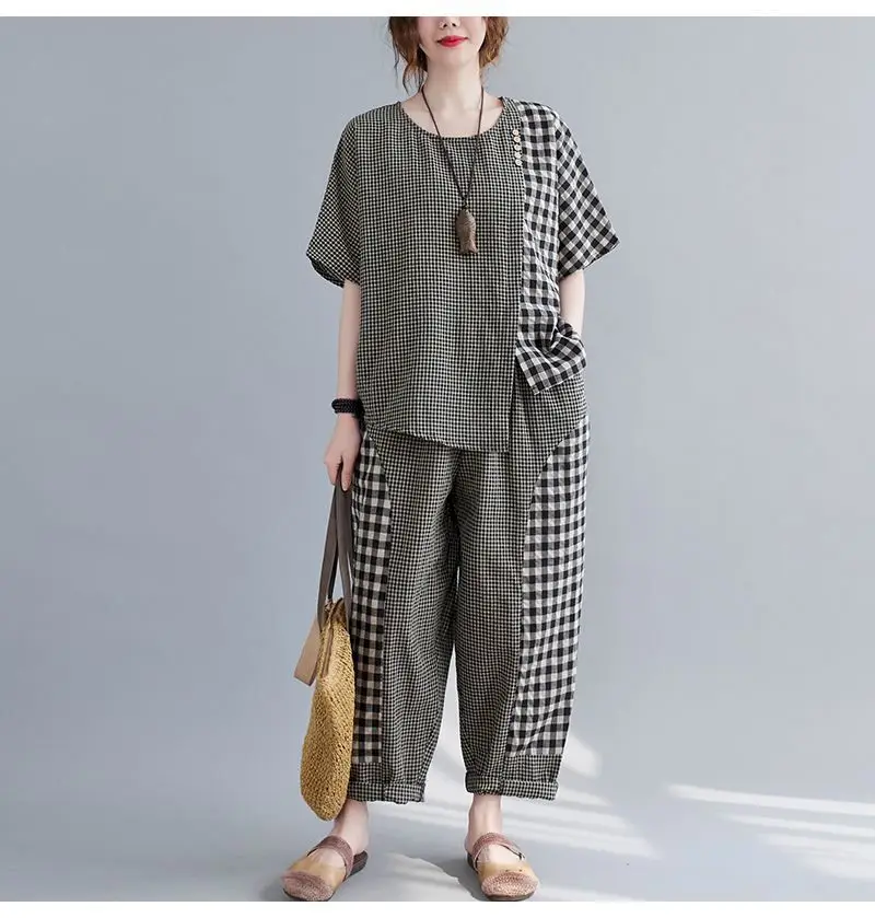 Summer Casual Suits Women Korean Style Loose Large Size Plaid Stitching T Shirt Loose Harem Pants Cotton Linen Two Piece Sets