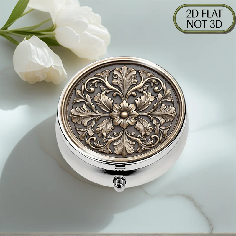 (Flat) 1pc food-grade portable round metal pill box, with exquisite floral patterns, suitable for travel and as a gift, with compartments for storing small items, making life more stylish, ideal for gifting to friends and relatives.