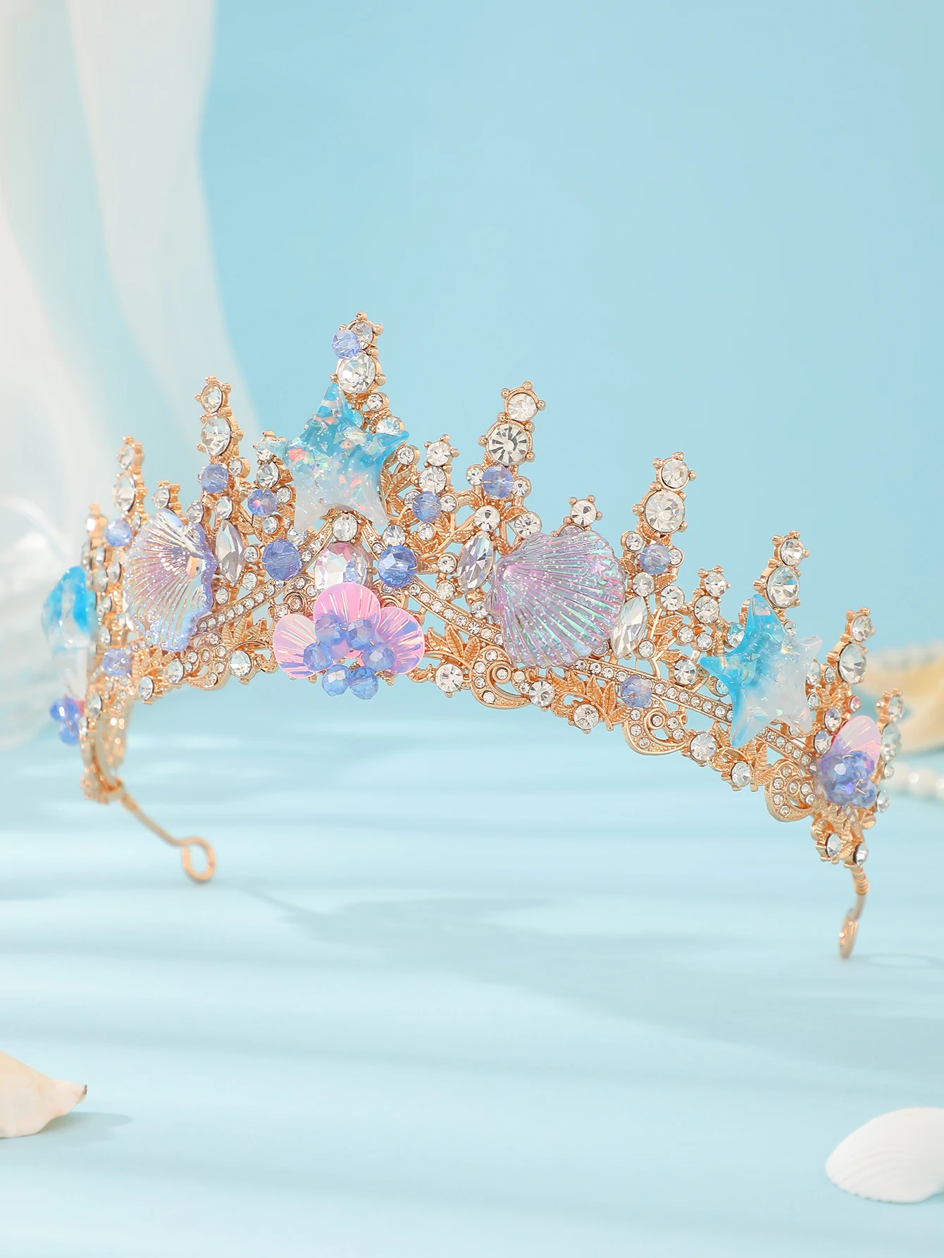 Gold Mermaid Crown with Iridescent Shell & Starfish, Crystal Ocean Tiara, Bridal Beach Wedding Headpiece view 3
