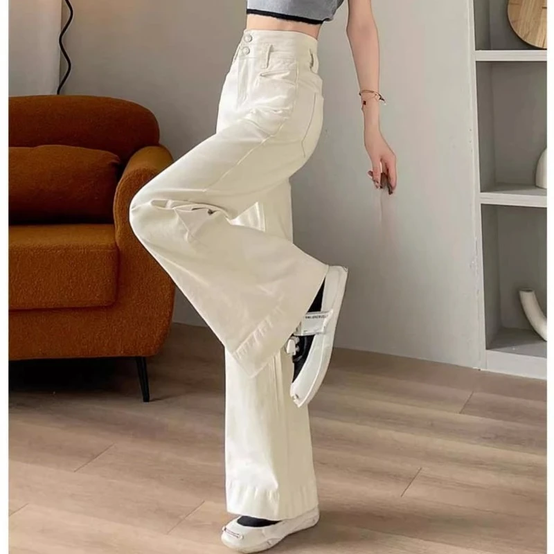 

Off-white Wide-leg Jeans Women's Trend New High-waisted and Thin Belly-covering Slim-fitting Design Slightly Pulled Trousers