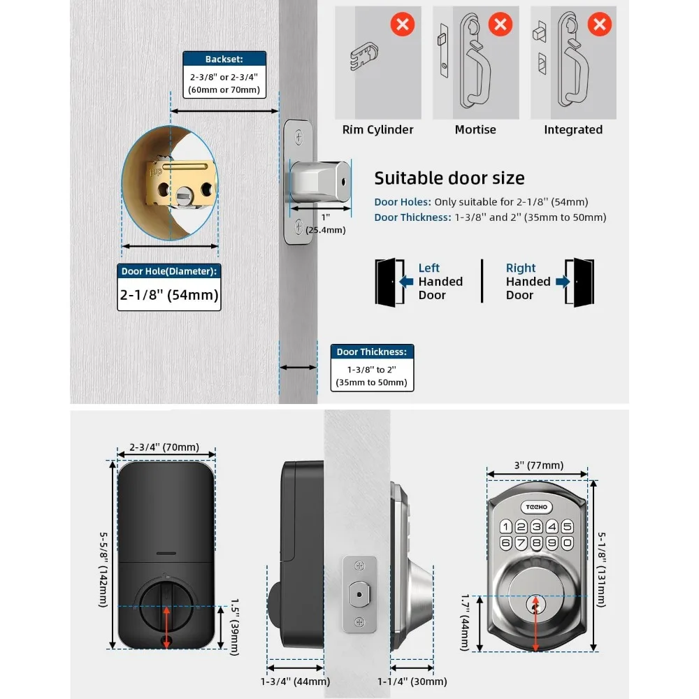 Teeho Te001 Keyless Instap Deurslot Toetsenbord-Slimme Nachtschoot Slot Voordeur 2keys-auto Lock-Easy Installatio-Satijn Nikkel