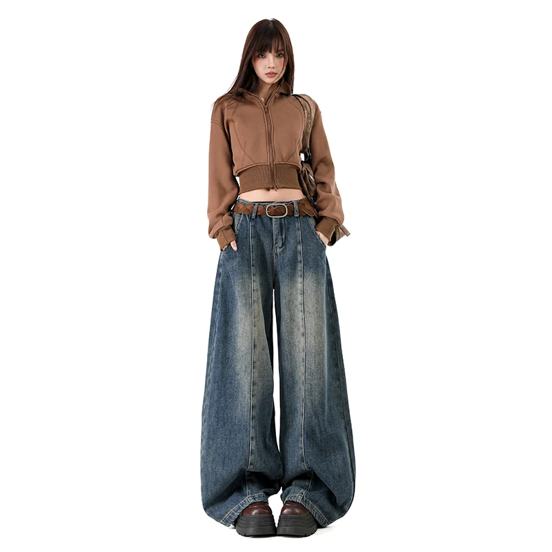 الأمريكية الرجعية أفخم منحني سكين السراويل الخريف الشتاء جديد فضفاض التخسيس المرأة الجينز كسول مستقيم الساق واسعة الساق سراويل جينز #6