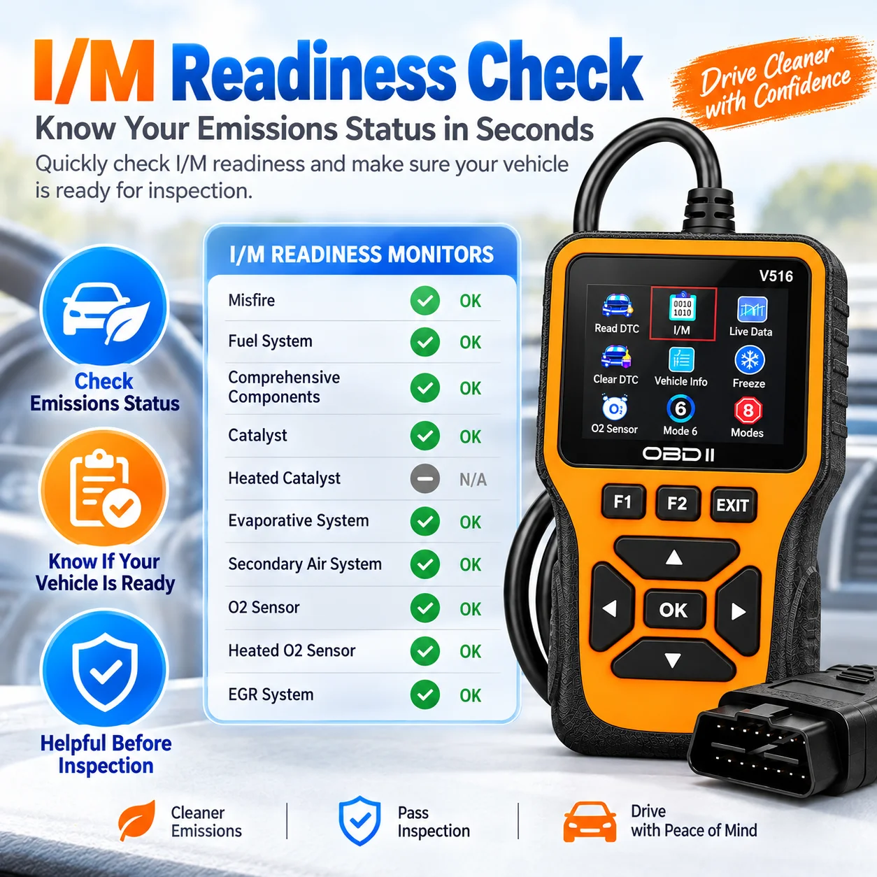 V516 OBD2 Scanner Automotive Diagnostic Tool, Engine Fault Code Reader with Live Data, O2 Sensor Test, I/M Readiness and Soft Si