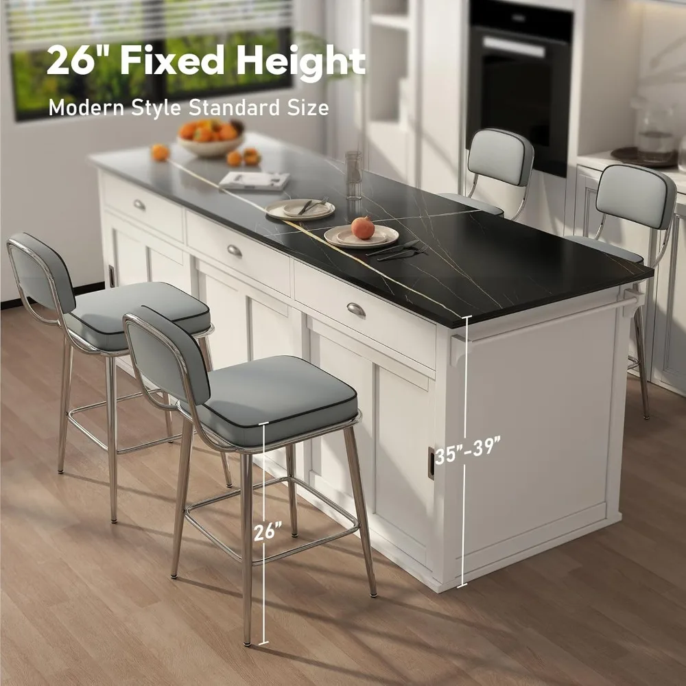 Juego de 2 taburetes de bar modernos con altura de mostrador, 26 polipiel gris con patas de metal plateado, reposapiés, cocina, isla, comedor C