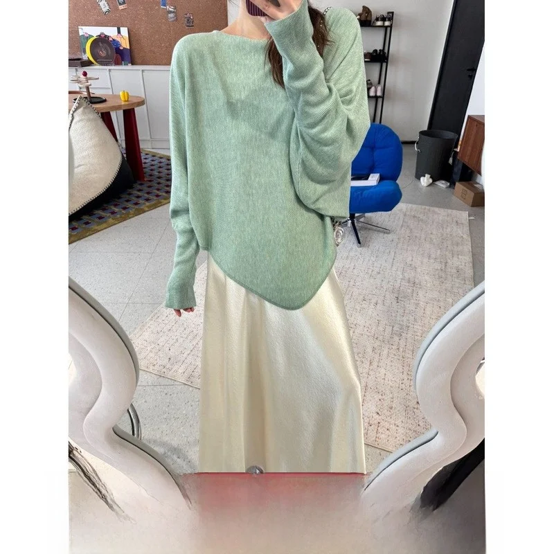 

Вязаный топ с рукавами «летучая мышь» и асимметричным подолом, пуловер с круглым вырезом, женская модная одежда для весны, осени и зимы, цветной трикотаж с длинными рукавами