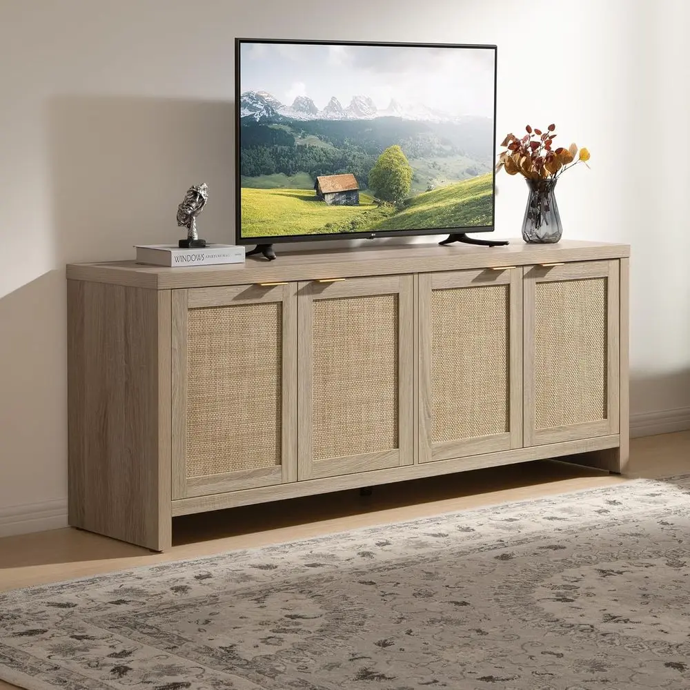 TV Stand or Living Room Boho Entertainment Center or Bedroom with 4 Rattan Cabiarmhouse Teion Stands with Storage Large Media ol