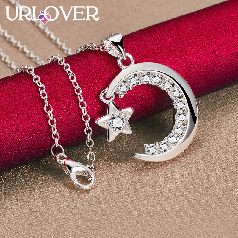 

URLOVER 925 Sterling Silver Necklace For Woman Moon Stars Pendant Necklaces Fashion Party Wedding Birthday Charm Jewelry Gifts