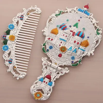 

Russian handle small mirror with comb set retro portable portable makeup mirror foldable desktop princess mirror