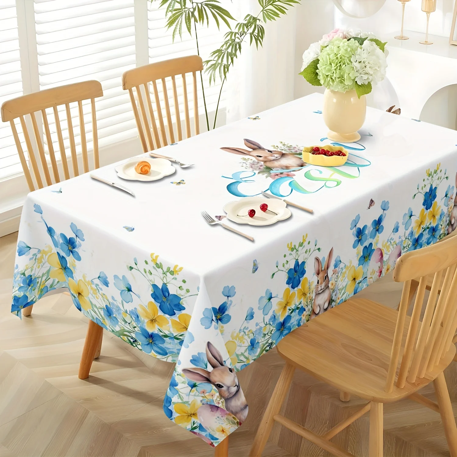 Spring Easter Rabbits Flowers Waterproof Tablecloth Party Decor Reusable Kitchen Dining Rectangle Tablecloth Easter Decorations