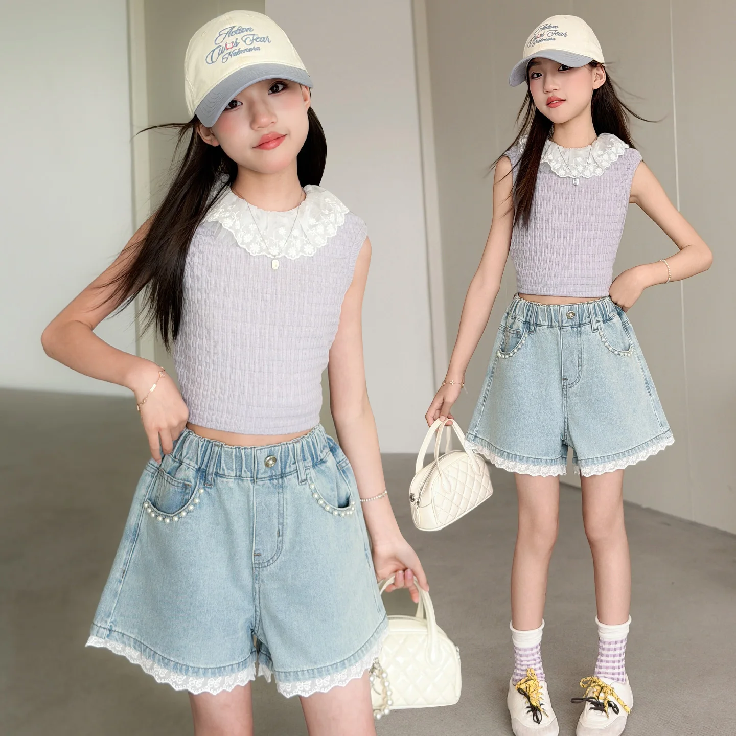 

Girls Denim Shorts Child Casual Fashion Jeans Short Pants for Kids Toddler Girls Softy Age 4-14Y Tweens Beading Lace Bottom
