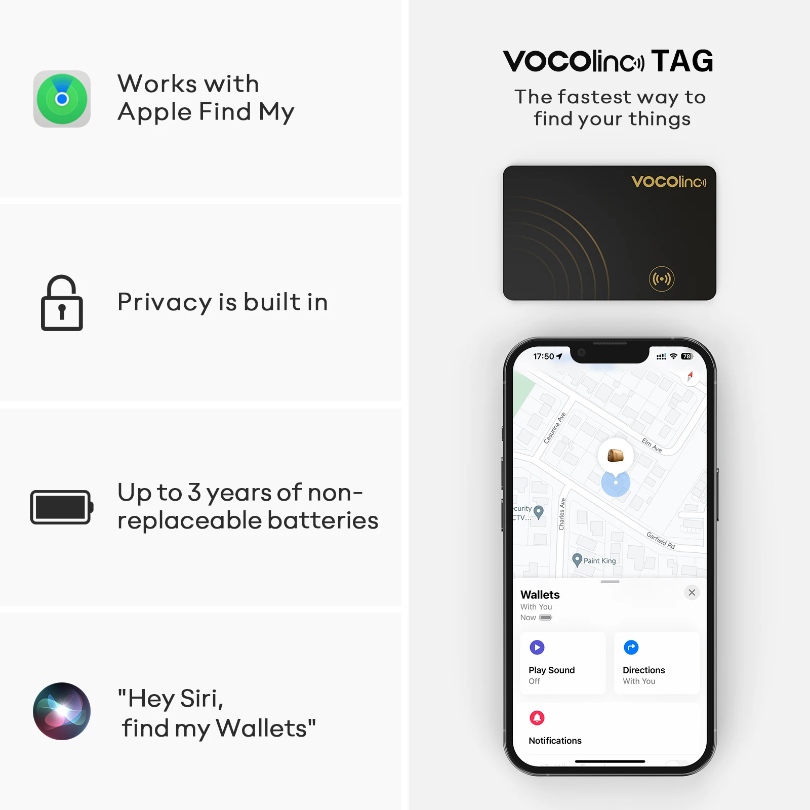 VOCOlinc Wireless Wallet Tracking Card, localizzatore GPS Smart Tag iPhone Apple Device trova il mio Airtag Key Finder Bluetooth Tracker