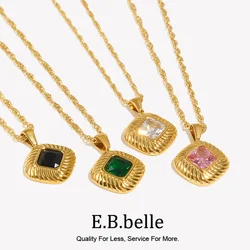 E.B.belle Winter Autumn Fashion Square Texture Zircon Pendant Necklace Green Black White Pink Vintage Stainless Steel Necklace