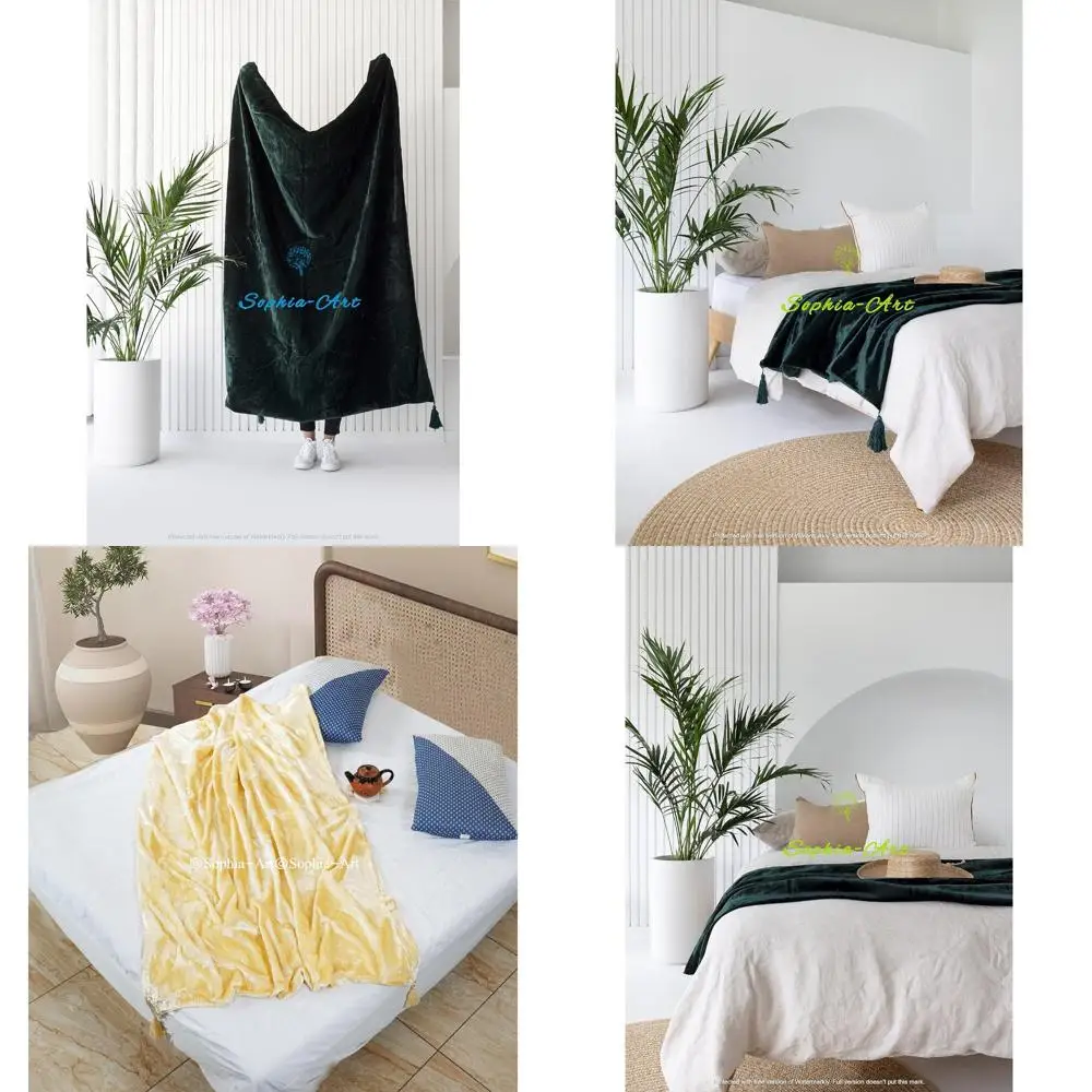 

Luxury Crushed Velvet Throw Blanket with Tassels - Soft Sofa Bed Warm Boho Throws, Cozy Plush Lightweight for Pets