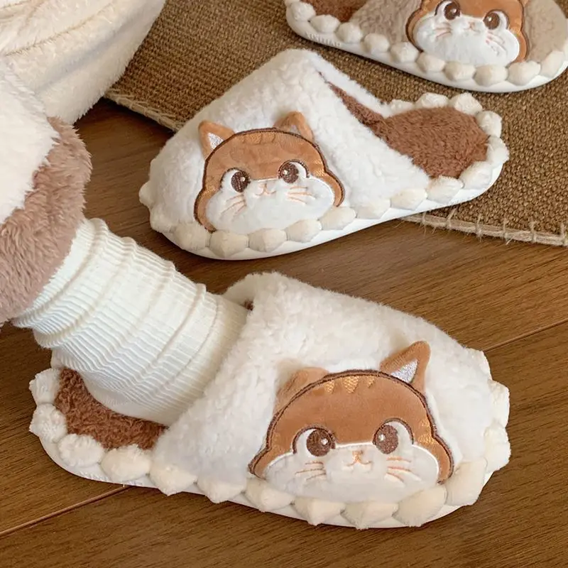 

Cute Cartoon Cat Fur Slippers Home Soft Non-slip Warm Breathable Indoor Plush Shoes Girls Fuzzy Slippers