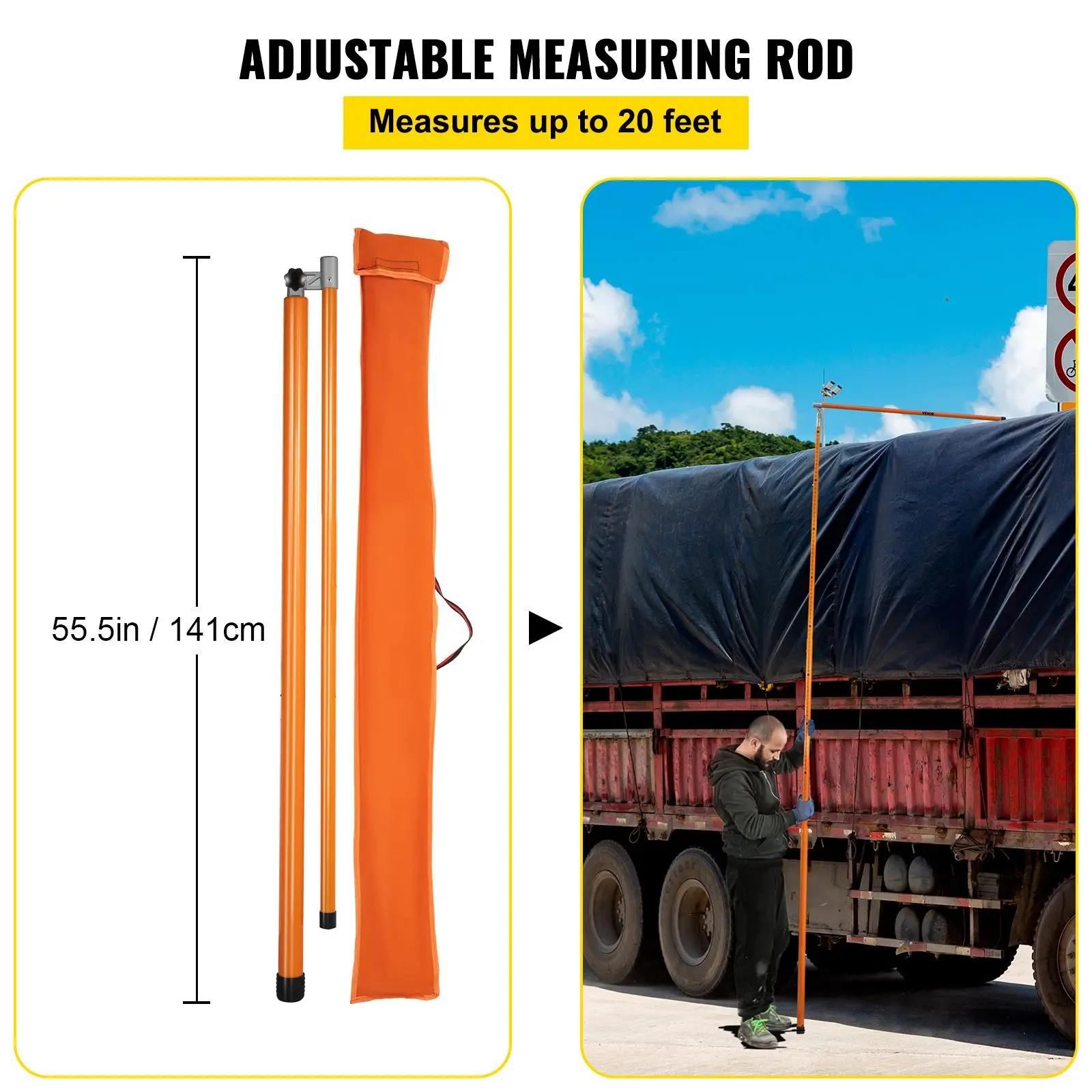 Load Height Measuring Stick, 20\' Sturdy Fiberglass Truck Height Stick with Adjustable Pole, Non-conductive Truck Height Measuring Stick with Carrying Bag, Height Stick for Trucks, Car Haulers