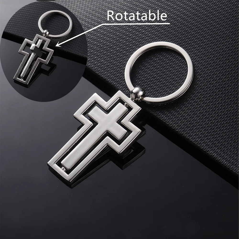 Stainless steel Metal Christ Jesus Keychains Revolving Cross Christian Religious Key Chain Keyring Jewelry Gift For Church