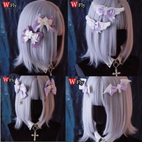 Subculture Y2K Handmade Cross Ribbon Bow Wings Hair Clip Lolita Girl White Purple Series Hairpin 