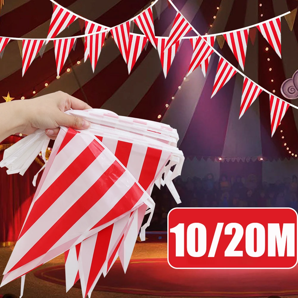 10/20M Carnival Theme Party Flag Decorations Red White Striped Pennant Triangle Bunting for Circus Birthday Party Decoration