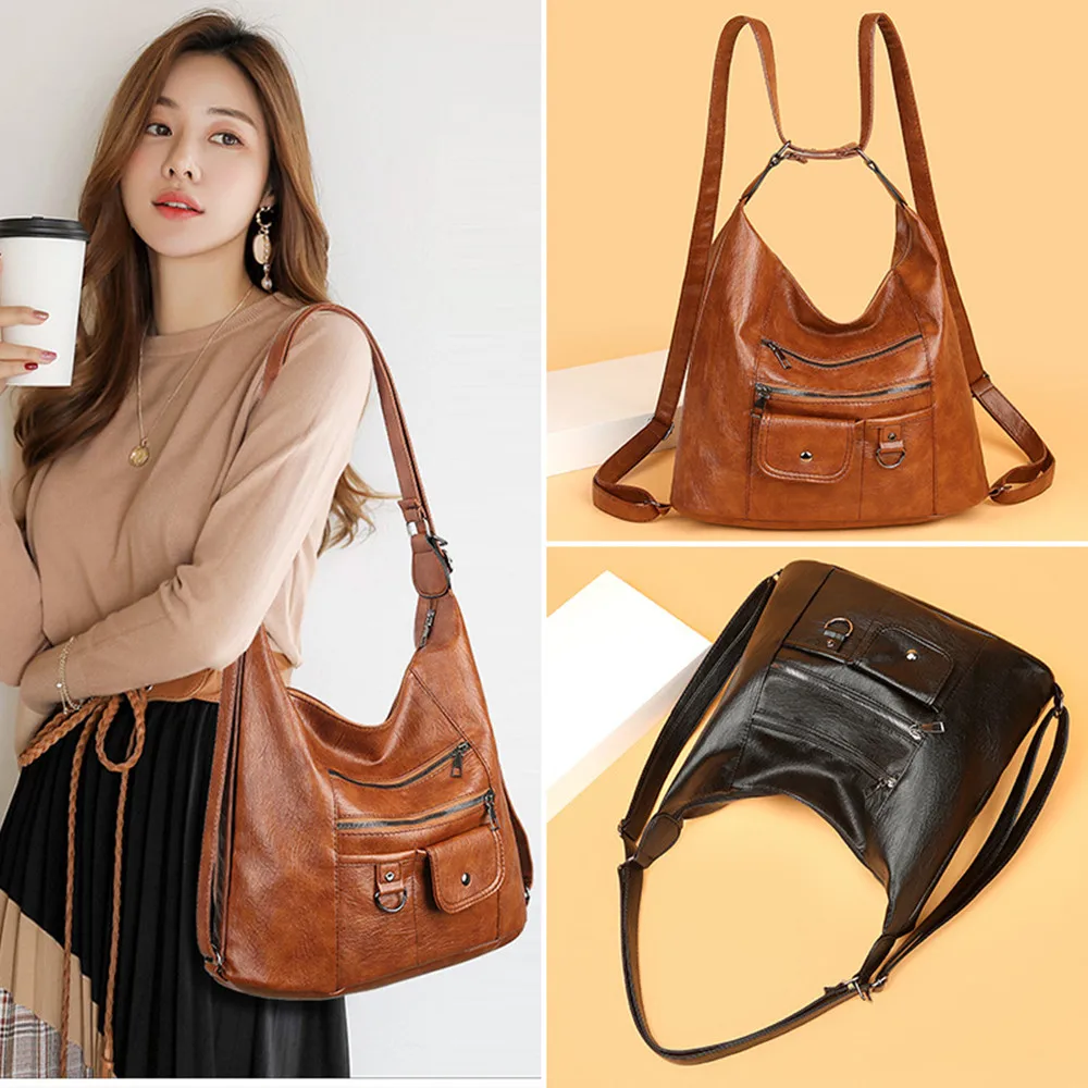 PU Women's Bag Fashion Europe and United States Retro Shoulder Bag Female Simple Casual Multifunctional Ladies Shoulder Backpack