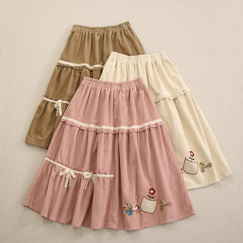 

Spring Mori Girl Embroidery Asymmetry Corduroy Skirts Women Japan Style Vintage Elastic Waist Casual Loose Cotton A-Line Skirt