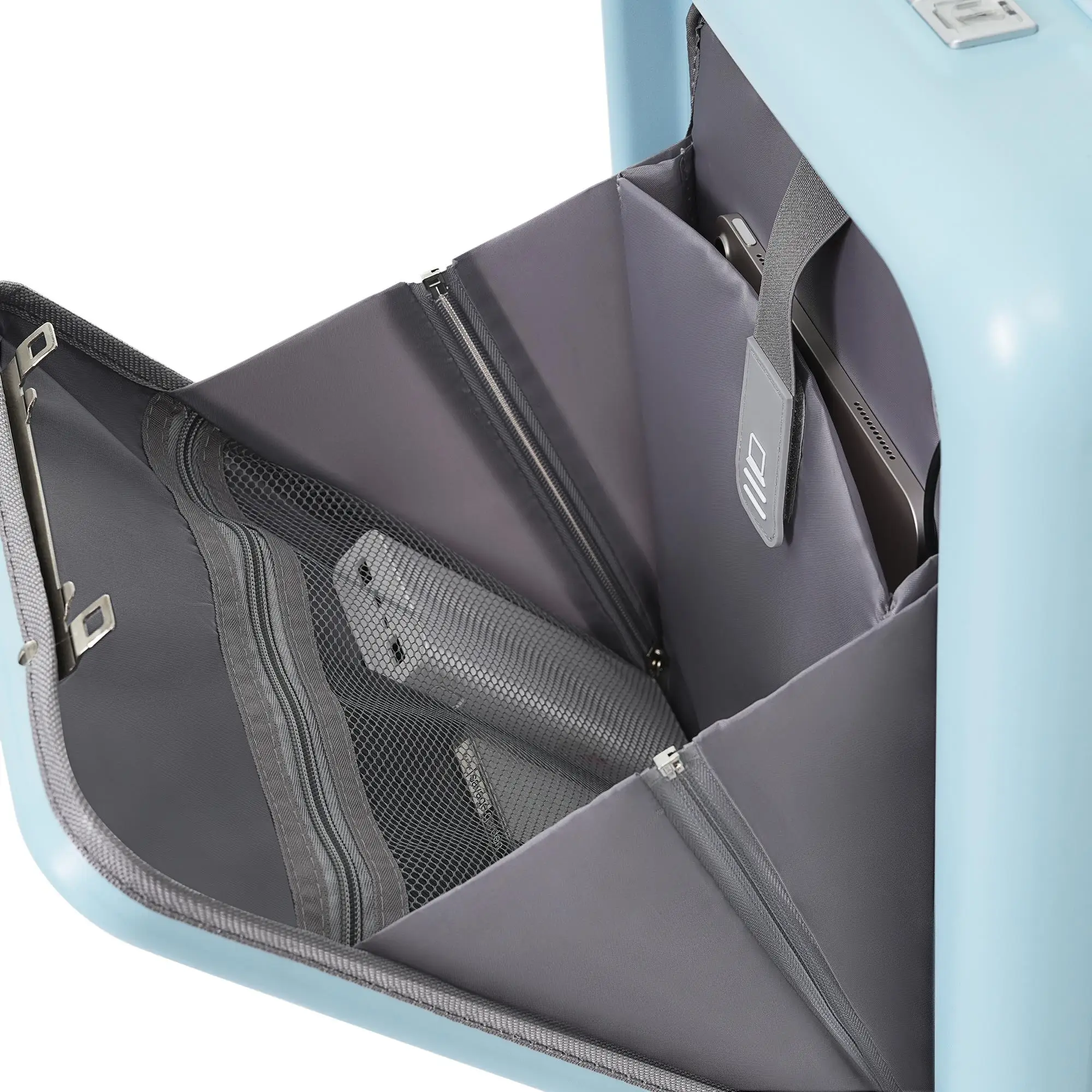 20-Inch Expandable Carry-On Luggage Set – Front Opening Hard Shell Suitcase with USB Port & Cup Holder, Light Blue