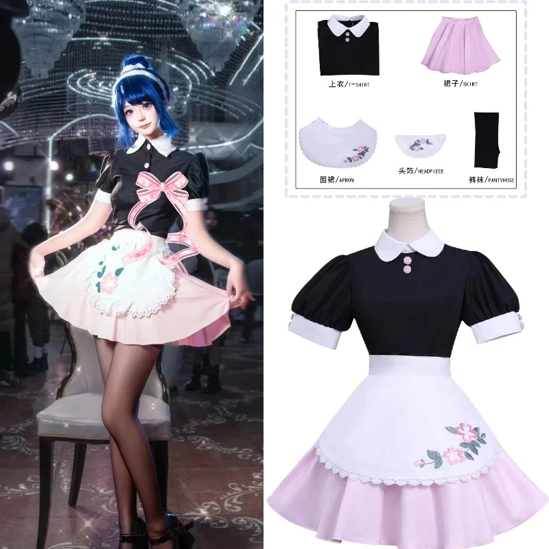 

Anime Marinete Cosplay Costume Black Top Pink Skirt JK School Uniform Cute Maid Apron Cos for Women Full Set Theme Party