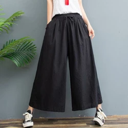 Cotton Linen Wide Leg Summer Pants Women Plus Size Loose Casual Pants Vintage Thin Nine Points Culottes Pants Free Shipping Item